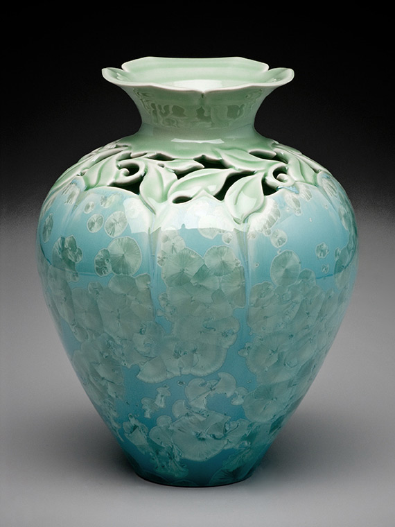 light green carved crystalline glazed vase