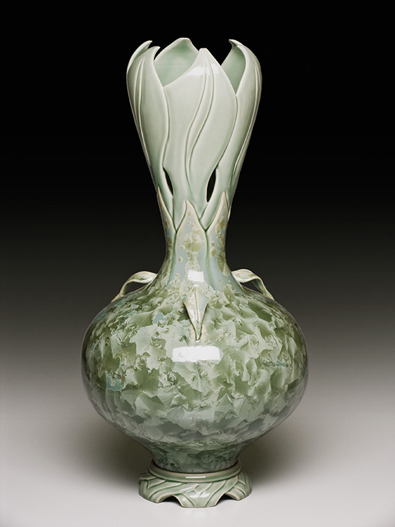 large sage green carved crystalline glazed bulb-shaped vase